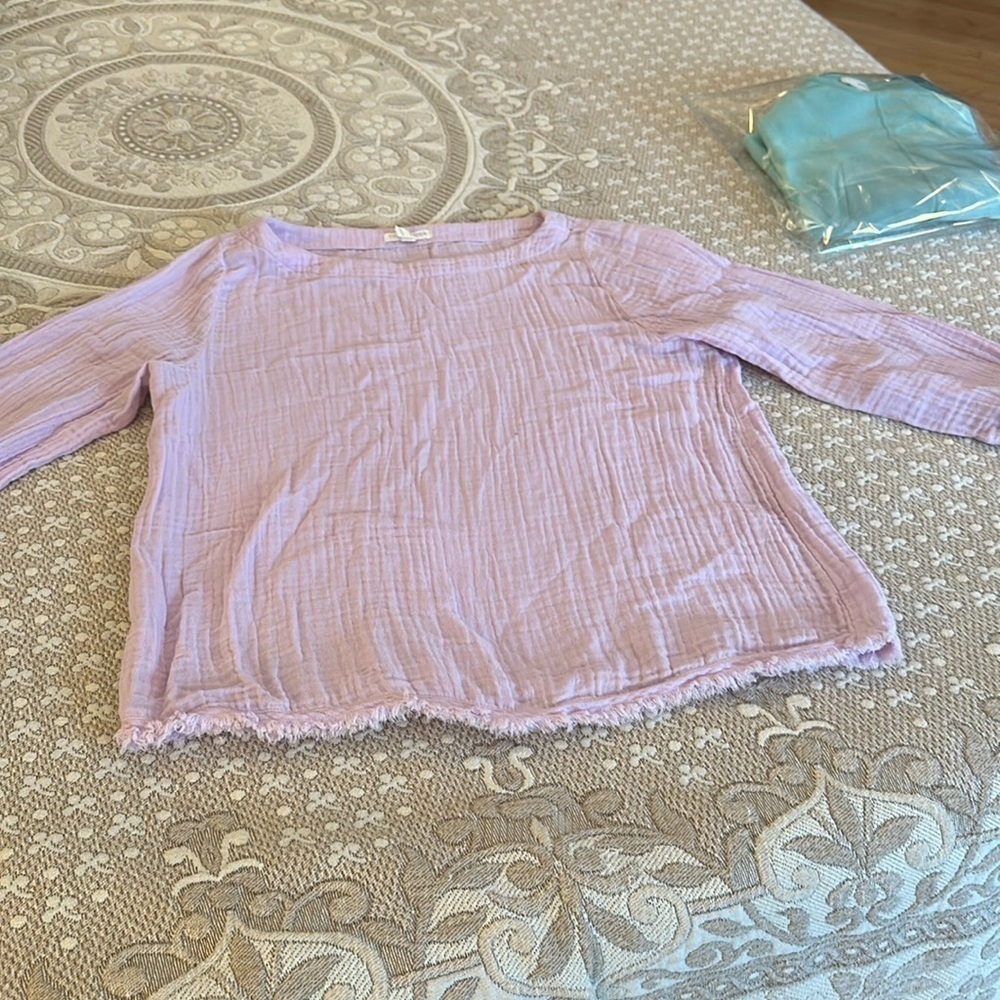 Eileen Fisher 100% organic cotton blouse lavender crinkle fabric MP EUC